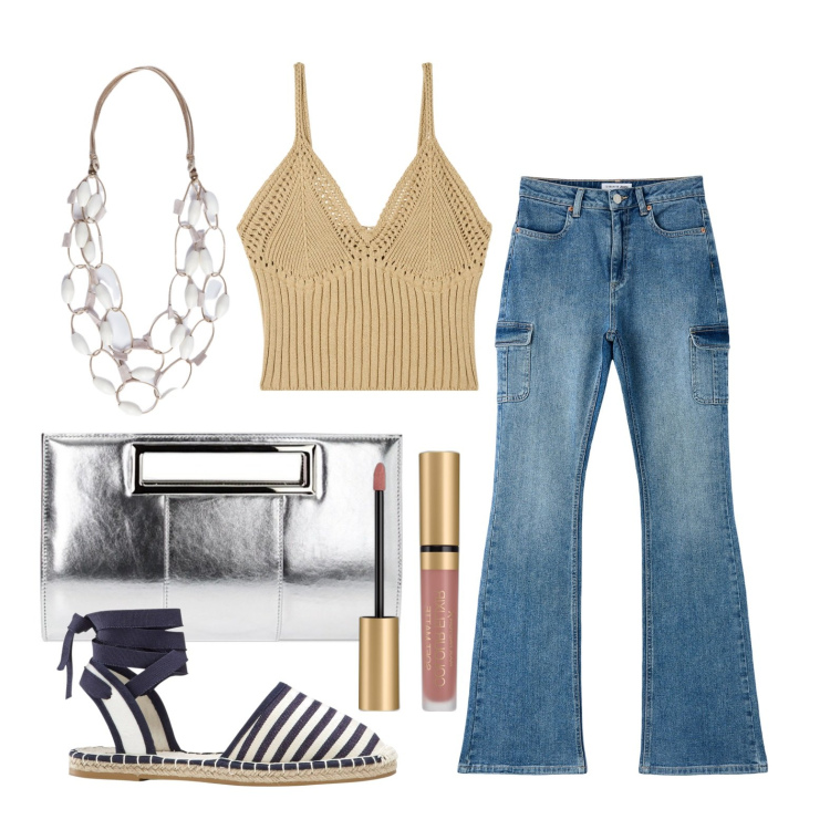 Outfit donna - Ghost outfitter - maggio. Stile Trendy per Tutti i giorni. Abbinamento con espadrillas, rossetti, jeans a zampa, top, pochette, collane.