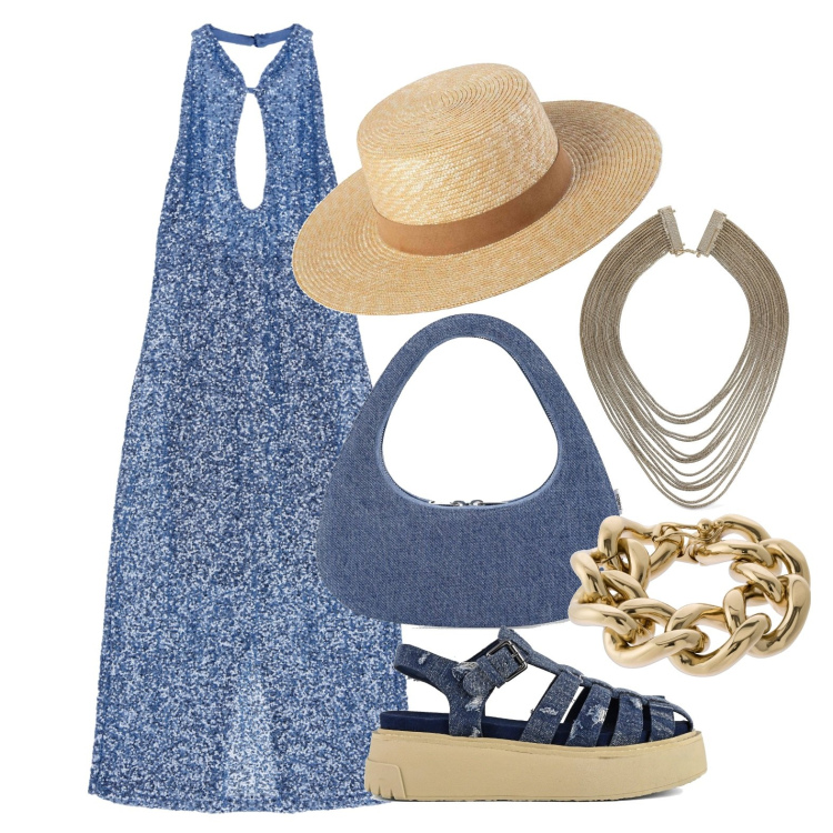 Outfit donna - Ghost outfitter - maggio. Stile Trendy per Tutti i giorni. Abbinamento con vestiti lunghi, sandali, braccialetti, cappelli, collane, borse a mano.