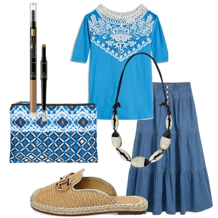 Outfit donna - Etnico a maggio. Stile Etnico per Tutti i giorni. Abbinamento con maglieria, gonne, eyeliner, sabot, collane, pochette.