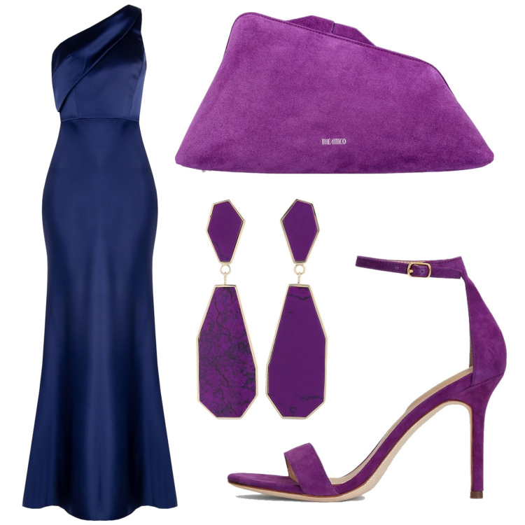 Outfit donna - Cerimonia in blu e viola. Stile Glamour per Cerimonia. Abbinamento con vestiti asimmetrici, sandali col tacco, orecchini, pochette.