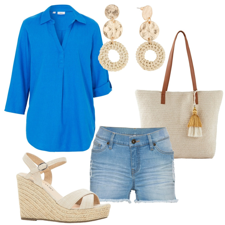 Outfit donna - Summer. Stile Basic per Tutti i giorni. Abbinamento con bluse, sandali, orecchini, shorts, shopping bag.