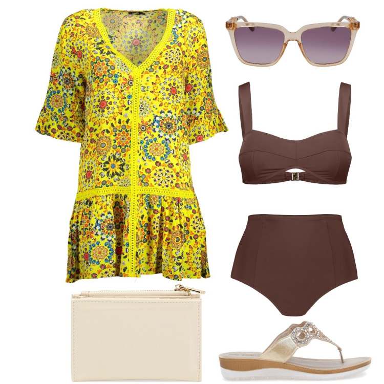 Outfit donna - Sosta al mare. Stile Boho per Mare. Abbinamento con portafogli, bikini, ciabatte, vestiti corti, occhiali da sole.