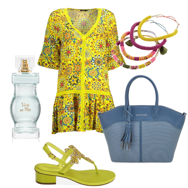 Outfit donna - Total look #1875161. Stile Trendy per Tutti i giorni. Abbinamento con braccialetti, profumi, ciabatte, vestiti corti, borse a mano.