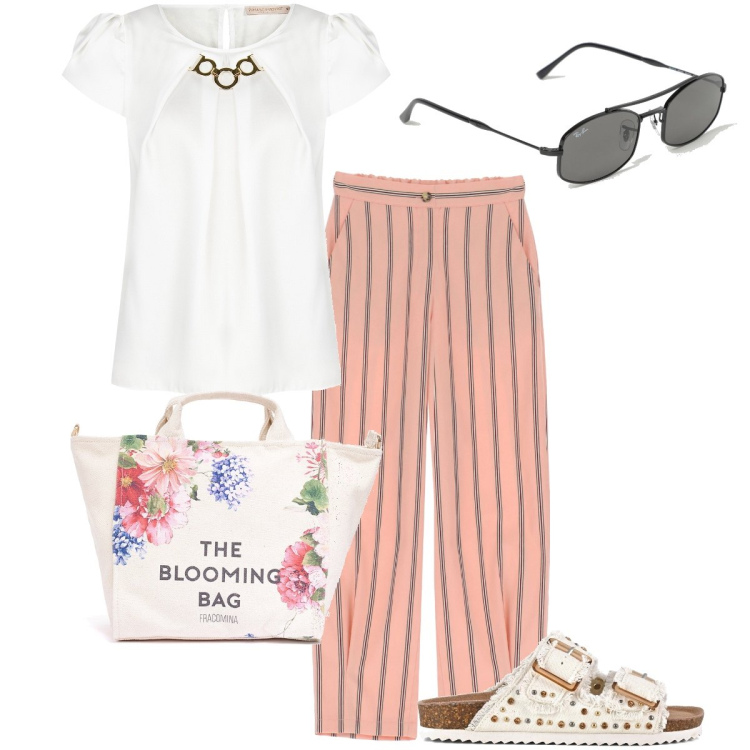 Outfit donna - I pantaloni a righe. Stile Trendy per Tutti i giorni. Abbinamento con bluse, borse tote, pantaloni, sandali, occhiali da sole.