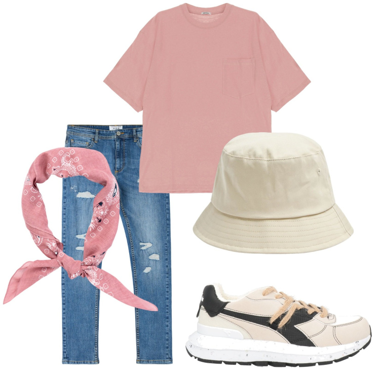 Outfit uomo - Total look #1875164. Stile Casual per Tutti i giorni. Abbinamento con sneakers, cappelli, jeans strappati, t-shirt, sciarpe e foulard.