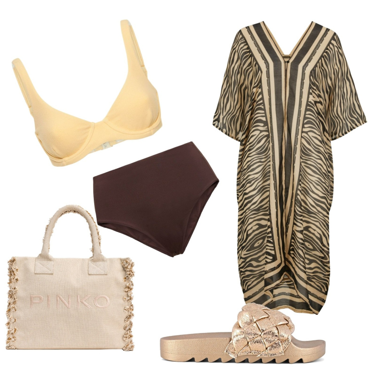 Outfit donna - In spiaggia con grinta. Stile Casual chic per Mare. Abbinamento con vestiti da spiaggia, shopping bag, ciabatte, bikini, bikini.