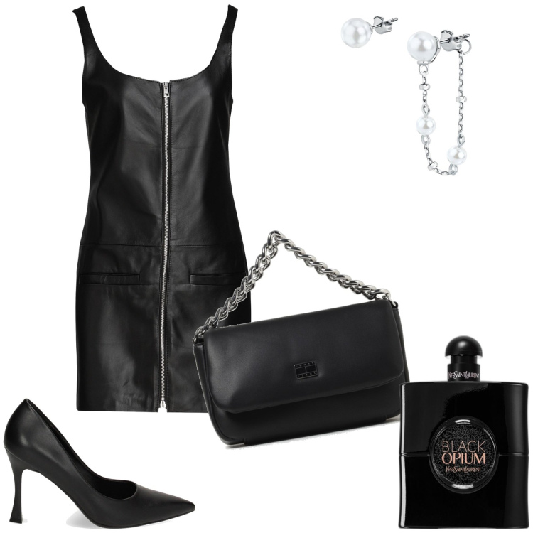 Outfit donna - La serata estiva. Stile Rock per Serata fuori. Abbinamento con profumi, vestiti corti, orecchini, décolleté, borse a spalla.