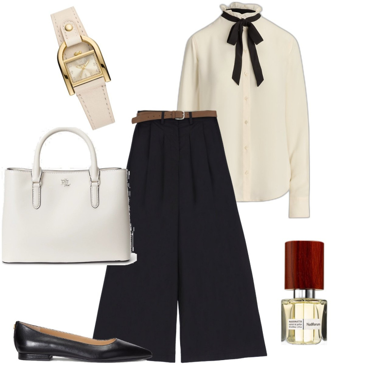 Outfit donna - La camicia d’altri tempi. Stile Vintage retrò per Serata fuori. Abbinamento con orologi, profumi, pantaloni a palazzo, ballerine, camicie, borse a mano.
