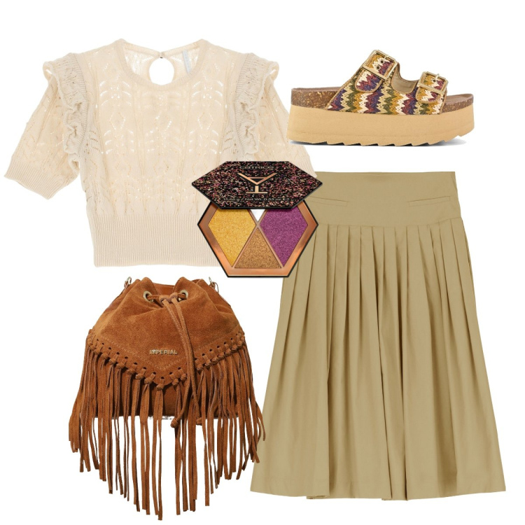 Outfit donna - Trame e frange. Stile Etnico per Tutti i giorni. Abbinamento con ombretti, borse a secchiello, pullovers, gonne longuette, zeppe.