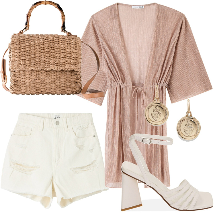 Outfit donna - In terrazza sul mare a Capri. Stile Casual per Tutti i giorni. look ideale per Petite. Abbinamento con borse a mano, shorts, caftani, sandali, orecchini.
