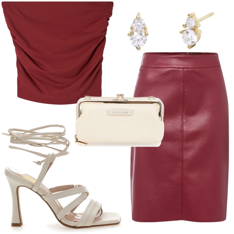 Outfit donna - Bordeaux ammaliante. Stile Casual chic per Serata fuori. look ideale per Petite. Abbinamento con gonne longuette, top, orecchini, sandali col tacco, pochette.
