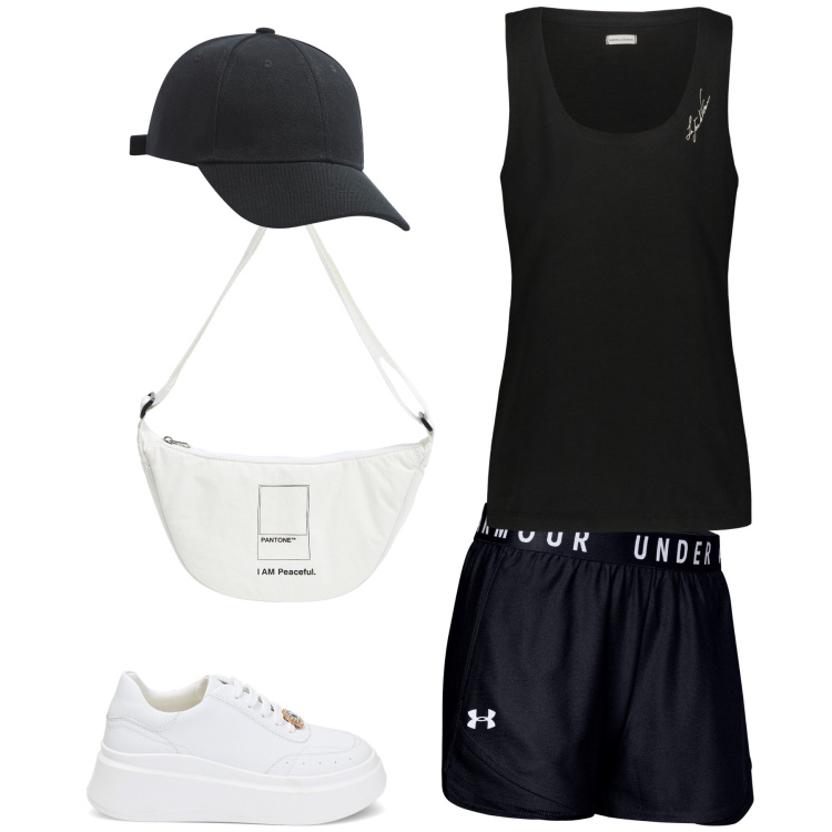 Outfit donna - Fitness mattutino. Stile Casual per Sport. Abbinamento con cappelli, marsupi, sneakers, pantaloni, canottiere.