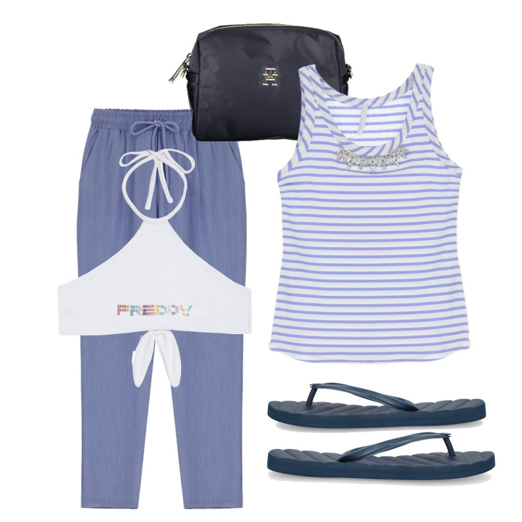 Outfit donna - Marinara style. Stile Basic per Mare. Abbinamento con top, bikini, pantaloni cargo, zeppe, borse a tracolla.