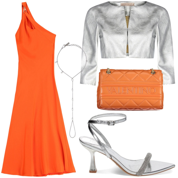 Outfit donna - Sandali d\'argento per il tramonto. Stile Bon Ton per Serata fuori. look ideale per Petite. Abbinamento con maglieria, bolero, vestiti asimmetrici, sandali gioiello, borse a spalla.