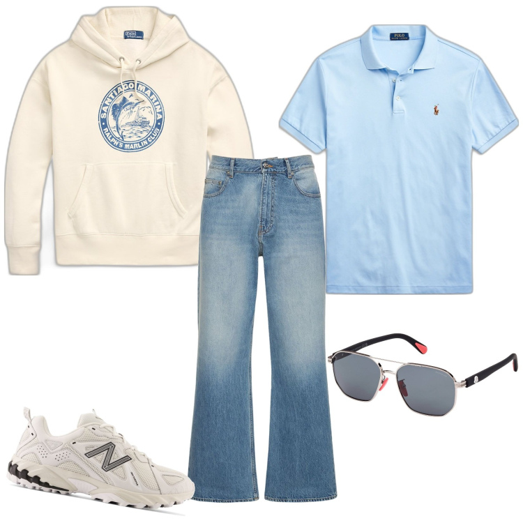 Outfit uomo - Casual così. Stile Casual per Tutti i giorni. Abbinamento con scarpe sportive, polo, felpe con cappuccio, jeans bootcut, occhiali da sole.