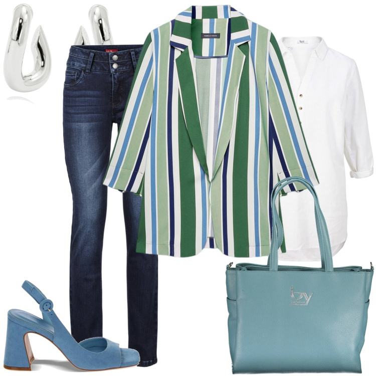 Outfit donna - La giacca per ogni occasione. Stile Casual per Tutti i giorni. Abbinamento con jeans, tuniche, orecchini, sandali col tacco, blazer, borse a spalla.
