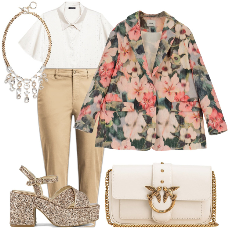 Outfit donna - La giacca a fiori. Stile Casual chic per Tutti i giorni. Abbinamento con camicie a manica corta, borse a spalla, blazer, pantaloni chino, collane, sandali.