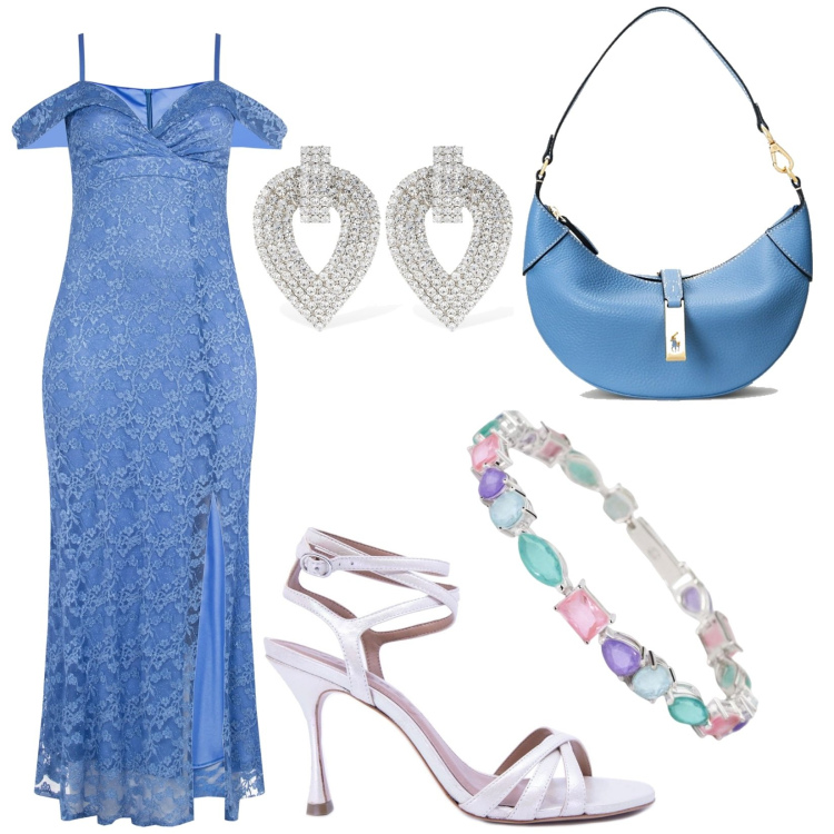 Outfit donna - Rinascimento cerimonia. Stile Chic per Cerimonia. Abbinamento con braccialetti, vestiti lunghi, borse a spalla, sandali col tacco, orecchini.