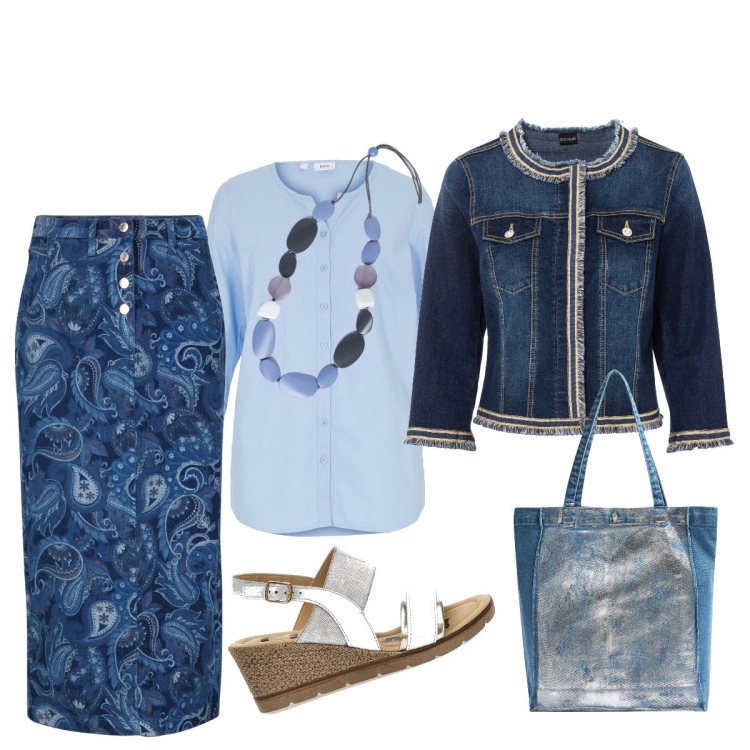 Outfit donna - La giacca di jeans casual chic. Stile Casual chic per Ufficio. Abbinamento con camicie, blazer, gonne, shopping bag, sandali in pelle, collane.