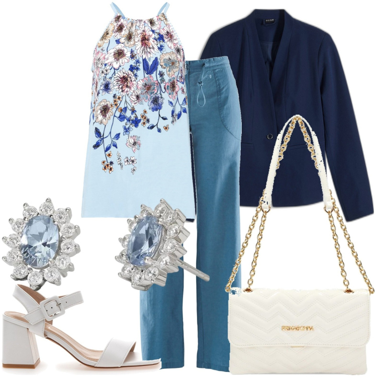 Outfit donna - Il Top a fiori. Stile Casual chic per Tutti i giorni. Abbinamento con top, pantaloni a palazzo, blazer, orecchini, borse a tracolla, sandali col tacco.