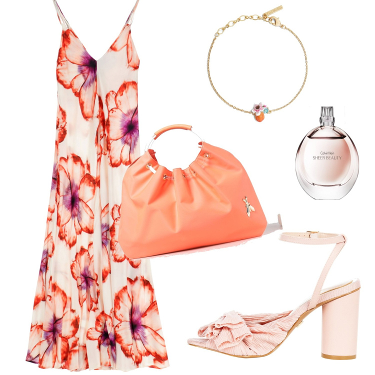 Outfit donna - Fiori e fiocchi. Stile Romantica per Tutti i giorni. Abbinamento con braccialetti, profumi, sandali col tacco, vestiti lunghi, borse a spalla.