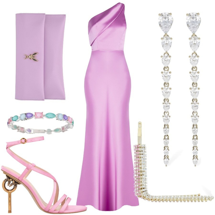 Outfit donna - Il rosa. Stile Glamour per Cerimonia. Abbinamento con braccialetti, sandali in pelle, vestiti asimmetrici, accessori per capelli, orecchini, pochette.