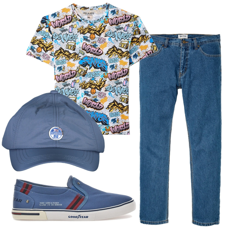 Outfit uomo - Total look #1875284. Stile Trendy per Tutti i giorni. Abbinamento con jeans dritti, t-shirt, sneakers, cappelli con visiera.