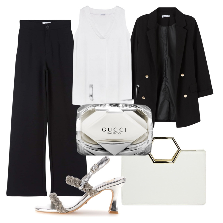 Outfit donna - Basta poco per una serata chic. Stile Chic per Serata fuori. Abbinamento con profumi, pantaloni, blazer, borse a mano, sandali col tacco, top.
