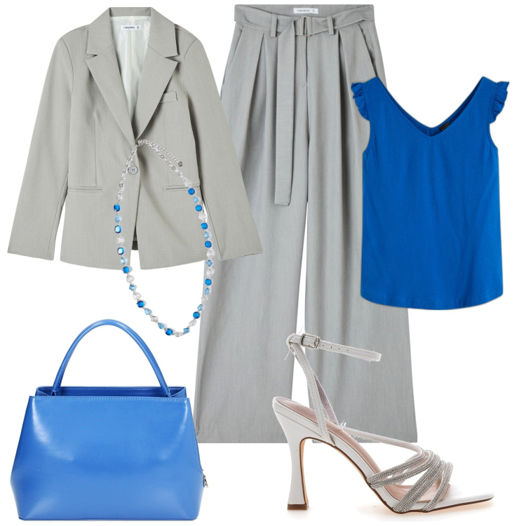 Outfit donna - Serata fuori. Stile Chic per Serata fuori. Abbinamento con top, pantaloni, blazer, borse a mano, sandali col tacco, collane.
