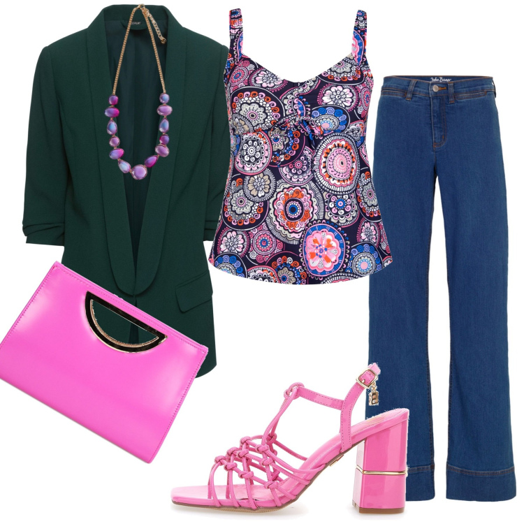 Outfit donna - La giacca must have. Stile Casual chic per Tutti i giorni. Abbinamento con blazer, jeans, top, pochette, collane, sandali col tacco.