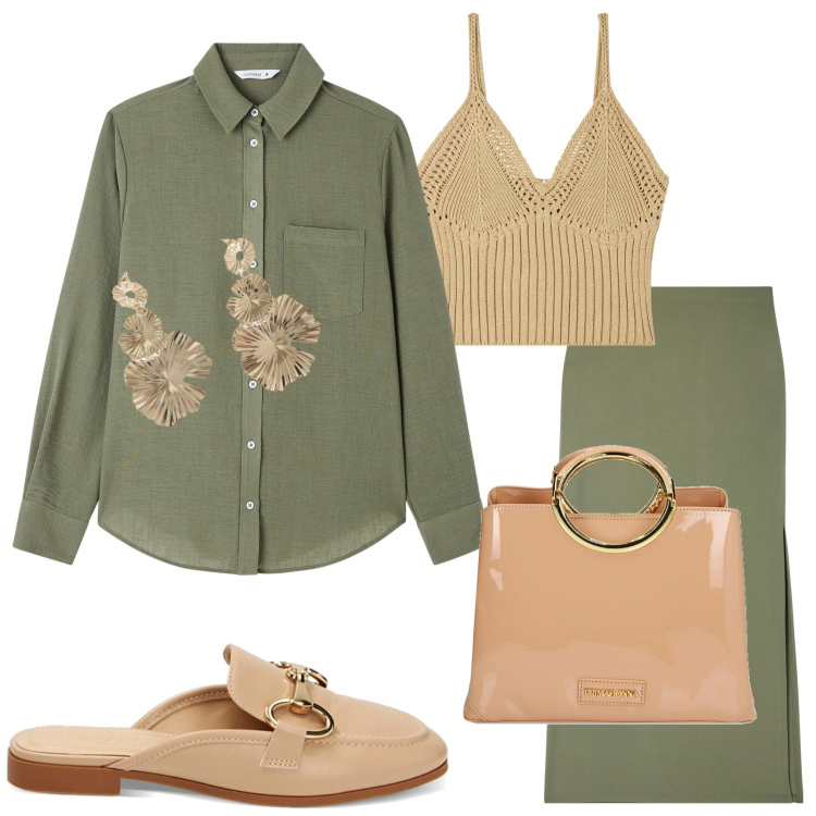 Outfit donna - Un po\' di verde. Stile Casual per Tutti i giorni. Abbinamento con gonne lunghe, camicie, top, orecchini, sabot, borse a mano.