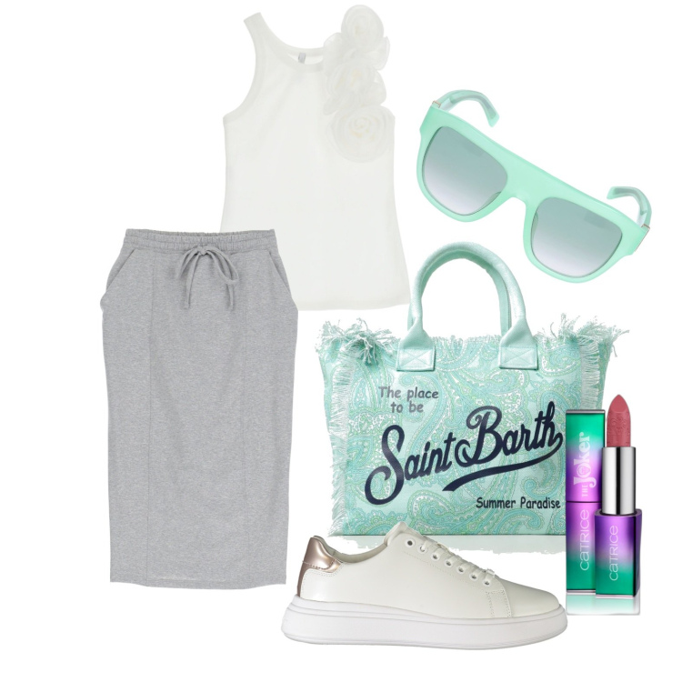 Outfit donna - Ghost outfitter - maggio. Stile Trendy per Tutti i giorni. Abbinamento con rossetti, canottiere, gonne longuette, sneakers, borse tote, occhiali da sole.