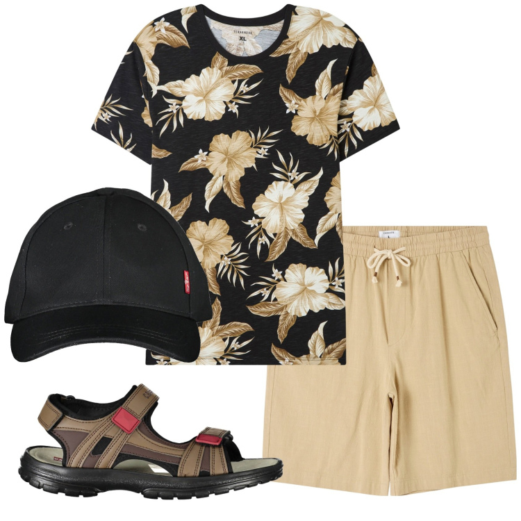 Outfit uomo - Total look #1875330. Stile Casual per Mare. Abbinamento con t-shirt, shorts, sandali, cappelli con visiera.