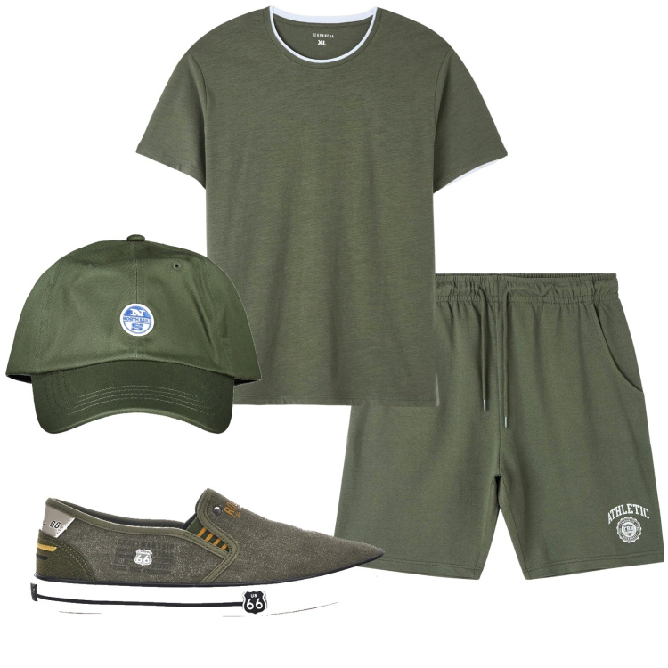 Outfit uomo - Total look #1875336. Stile Casual per Tutti i giorni. Abbinamento con t-shirt, bermuda, sneakers, cappelli con visiera.