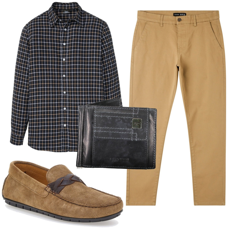 Outfit uomo - Total look #1875340. Stile Casual per Ufficio. Abbinamento con camicie, pantaloni skinny, portafogli, scarpe stringate.