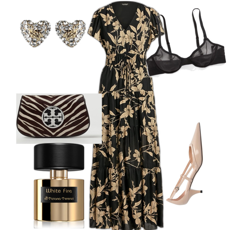 Outfit donna - Vernissage. Stile Glamour per Serata fuori. Abbinamento con orecchini, profumi, décolleté, vestiti lunghi, reggiseni, clutch.