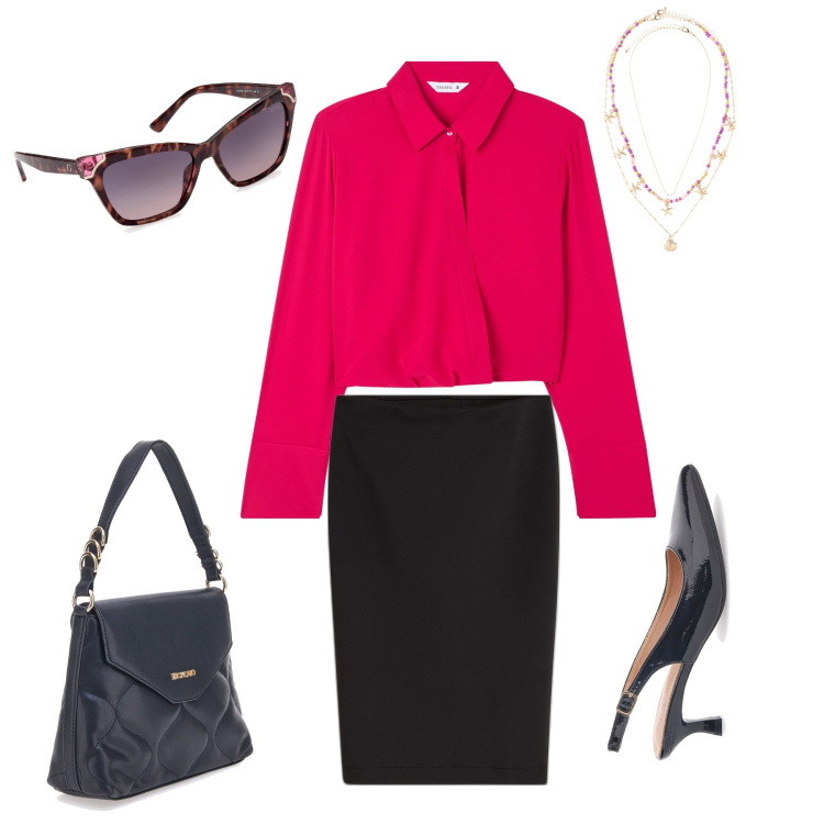 Outfit donna - Apericena chic. Stile Chic per Serata fuori. Abbinamento con gonne longuette, ciondoli, bluse, décolleté, borse a mano, occhiali da sole.