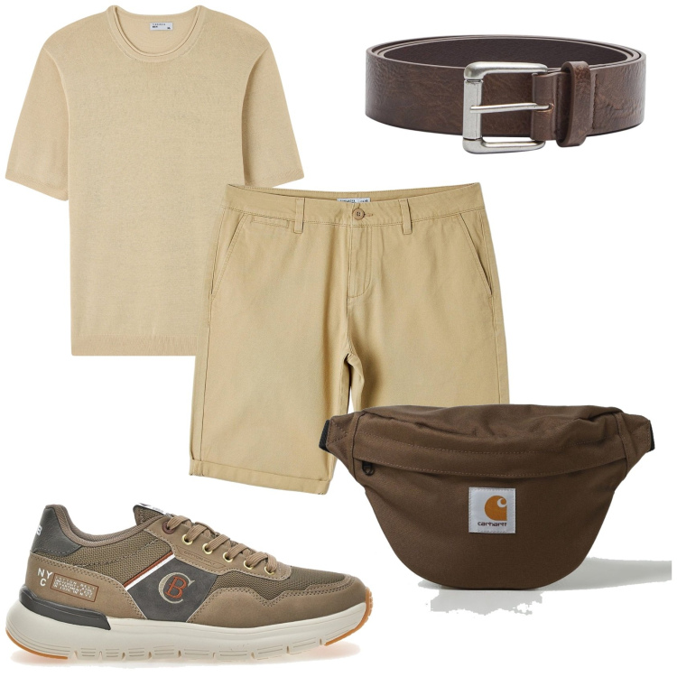 Outfit uomo - Il colore beige è marrone. Stile Casual per Tutti i giorni. Abbinamento con t-shirt, bermuda, cinture, sneakers, borse sportive.