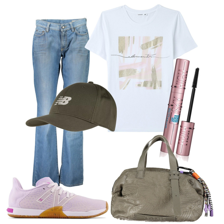 Outfit donna - Total look #1875363. Stile Urban per Tutti i giorni. Abbinamento con mascara, camicie a manica corta, cappelli con visiera, sneakers, jeans dritti, collane.