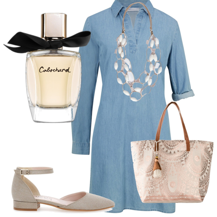 Outfit donna - Abito in jeans. Stile Casual per Tutti i giorni. Abbinamento con vestiti, shopping bag, profumi, collane, ballerine.