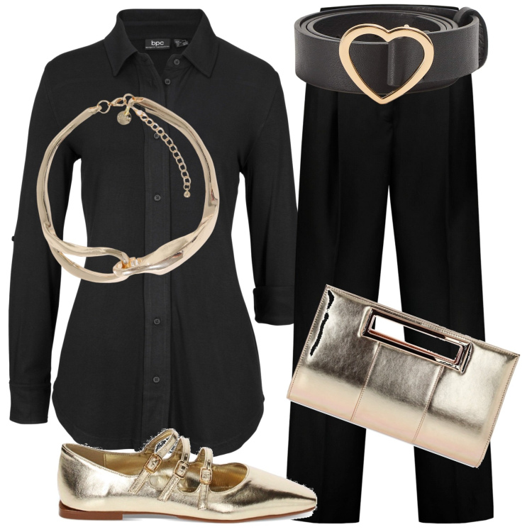 Outfit donna - Nero e oro. Stile Casual chic per Serata fuori. Abbinamento con camicie, cinture, ballerine, pochette, collane, pantaloni.