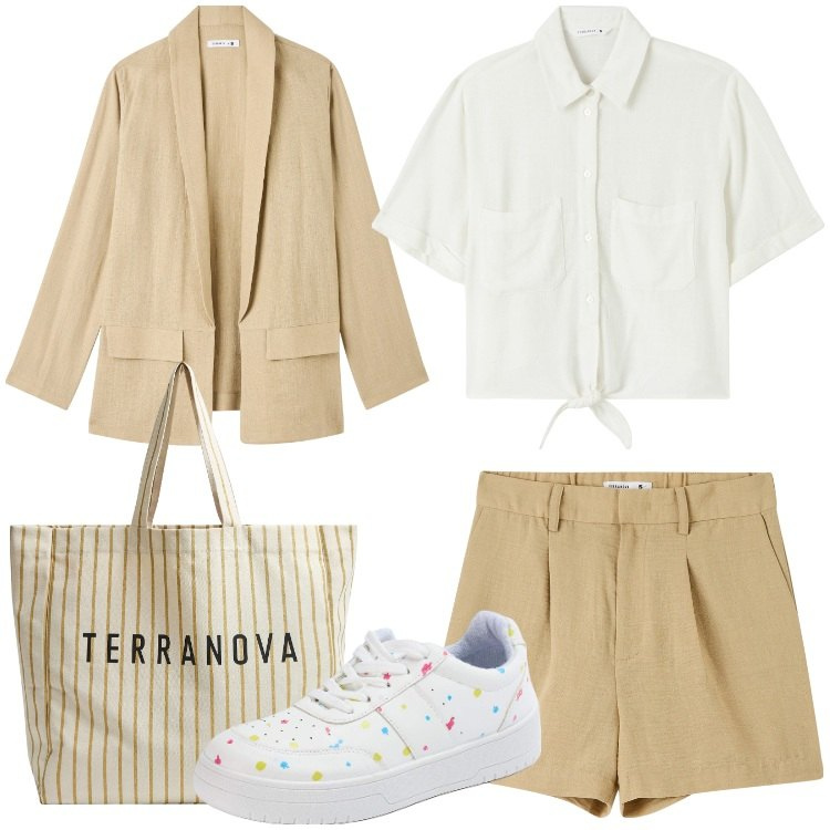 Outfit donna - Terranova Speciale Lino. Stile Trendy per Tutti i giorni. Abbinamento con bermuda, sneakers, blazer, camicie a manica corta, borse tote.