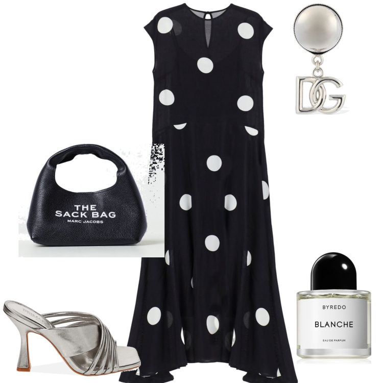 Outfit donna - Serata a pois. Stile Chic per Serata fuori. Abbinamento con profumi, vestiti lunghi, pantofole, orecchini, pochette.