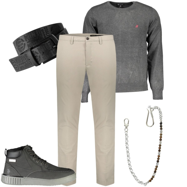 Outfit uomo - Lunedì in ufficio. Stile Business/Elegante per Ufficio. Abbinamento con cinture, collane, pantaloni chino, maglieria, stivali.