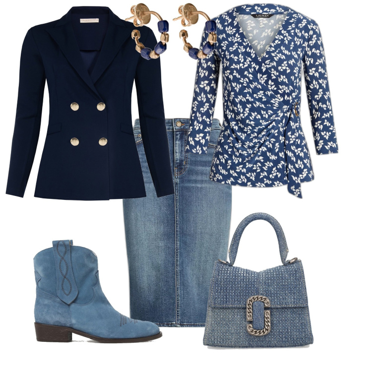 Outfit donna - Sporty chic per tutti i giorni. Stile Sporty chic per Tutti i giorni. Abbinamento con blazer, gonne, top, borse a mano, stivaletti, orecchini.