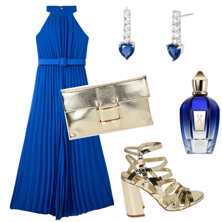 Outfit donna - Madame bleu. Stile Chic per Cerimonia. Abbinamento con tute, profumi, orecchini, pochette, sandali col tacco.