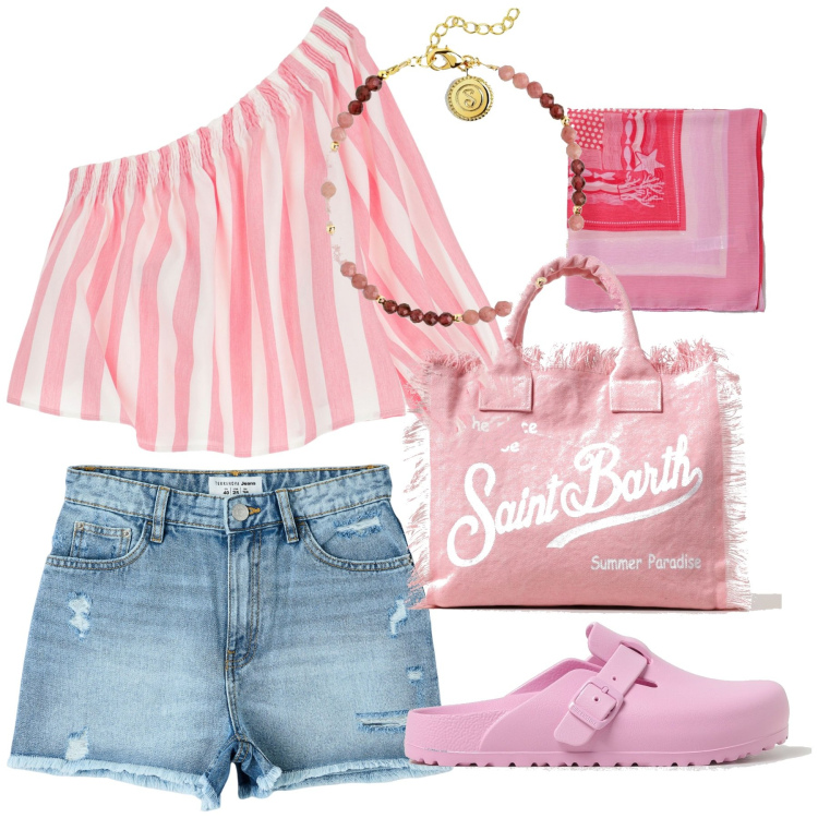 Outfit donna - Al mare. Stile Casual chic per Mare. Abbinamento con braccialetti, shorts, camicie, sabot, borse tote, foulard.