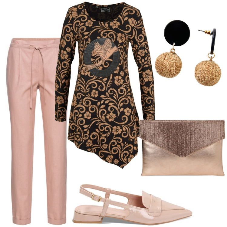 Outfit donna - Elegante di giorno. Stile Chic per Tutti i giorni. Abbinamento con pantaloni, orecchini, maglieria, ballerine, pochette.