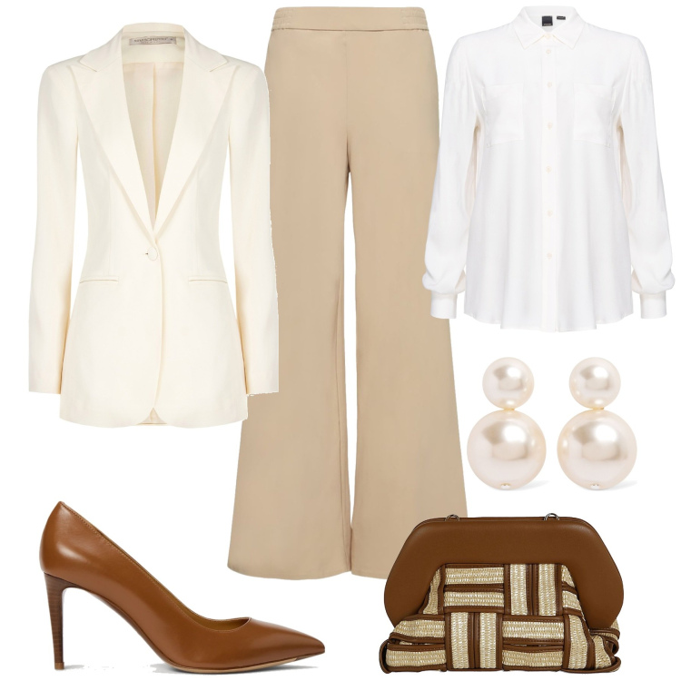 Outfit donna - Cerimonia. Stile Chic per Cerimonia. Abbinamento con camicie, blazer, décolleté, pantaloni, clutch, orecchini.