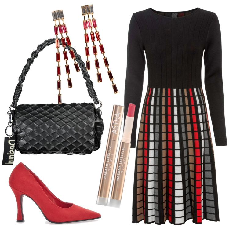 Outfit donna - Serata. Stile Chic per Serata fuori. Abbinamento con vestiti, orecchini, rossetti, borse a spalla, décolleté.